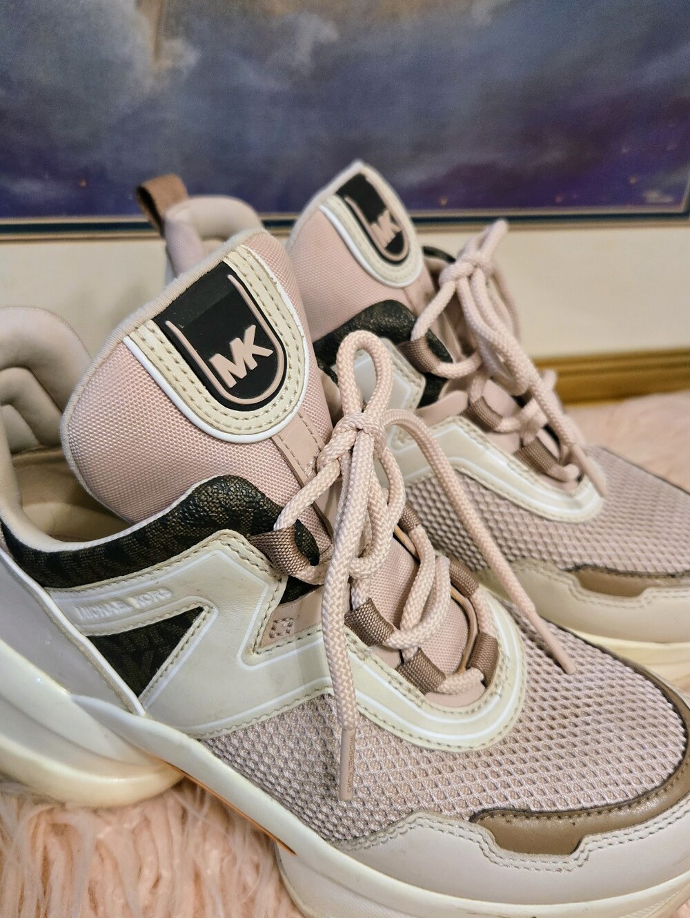 Michael Kors Women's Olympia Trainer Tech Canvas/Net Mesh Sneakers Soft Pink 7 - Picture 4 of 8